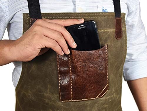 One Size Fits Utility Apron | Adjustable Cross-Back Straps | Multi-Use Shop Apron With Tool Pockets By Aaron Leather Goods (Green, Canvas Leather)