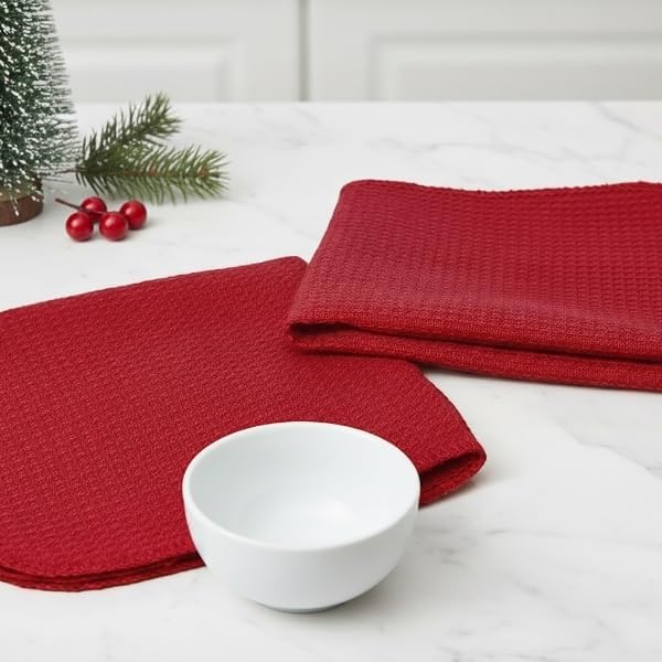 PurpleEssences Dish Cloths and Dish Rags - 8 Pack Waffle Weave Solid Kitchen Dish Wash Cloths, 100% Cotton, 12x12 Inches, Ultra Soft Absorbent Quick Drying - Spring Easter Summer - Red