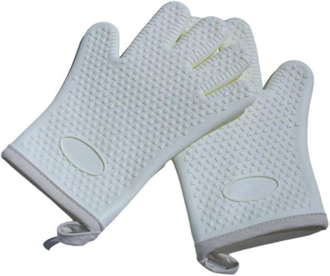 Extra Long Heat Resistant Silicone Oven Mitts Set, Non-Slip Cooking Gloves with Quilted Cotton Liner, Flexible Waterproof Pot Holders for Baking, BBQ, Grilling – 2-Pack (Creamy White)