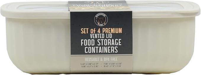 Set of 4 BPA Free Food Storage Containers with Vented Lids Assorted Sizes, Microwave & Freezer Safe, Leftovers, Meal Prep, Fridge Organization Dry Grains Storage by Dependable Industries Inc. (Ivory)