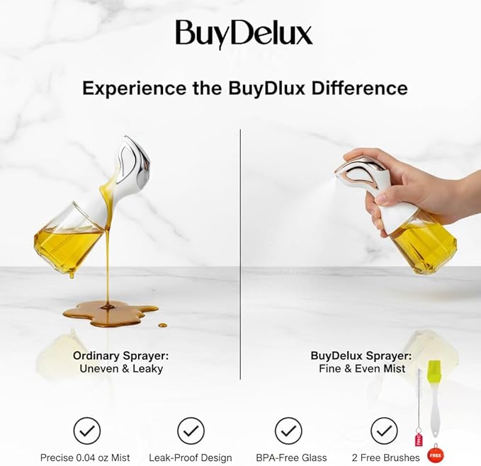 Continuous Mist Oil Sprayer 150ml with 2 Free Brushes for Cooking, Hair, Cleaning – Glass Olive Oil Dispenser, Refillable Mister for Air Fryer, Salad, BBQ (White Gold)