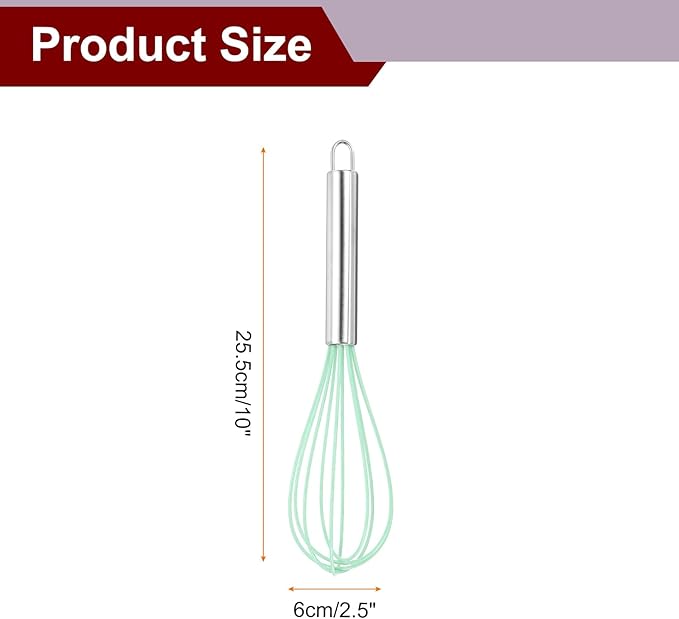 HARFINGTON 5Pcs Silicone Whisk 10" Kitchen Whisk Wire Whisks Beater with Stainless Steel Handle for Egg Milk Whisking Blending Beating & Stirring, Green