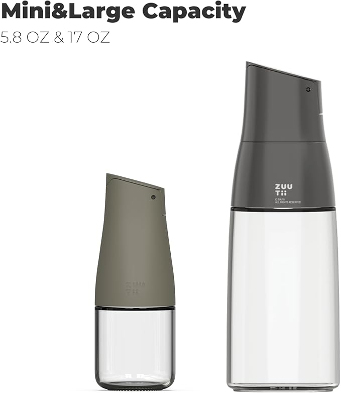 Zuutii Olive Oil and Vinegar Dispenser Set, 5.8Oz Glass Oil Bottle Set for Kitchen, Soy Sauce Bottle with Drip-Free Spout, Auto Flip and Dishwasher Safe, Dark Gray