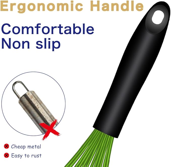 OYV Dishwasher Safe Green Silicone Whisk, Sealed Waterproof Design Set of 3, Professional Kitchen Whisks for Cooking Non-Scratch, Silicone & Stainless Steel Whisk, Heat Resistant Balloon Egg Beater