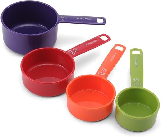 Farberware Kitchen Basics Measuring Cup & Spoon Set – 9-Piece Colorful Nesting Stackable Cups & Spoons with Ring Organizer, Easy-Read Markings for Cooking & Baking, Durable Plastic Kitchen Tools