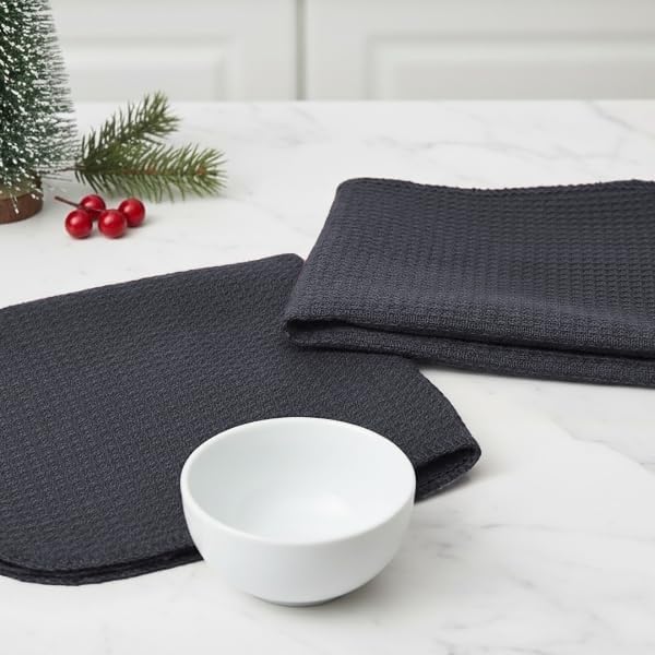 PurpleEssences Dish Cloths and Dish Rags - 8 Pack Waffle Weave Solid Kitchen Dish Wash Cloths, 100% Cotton, 12x12 Inches, Ultra Soft Absorbent Quick Drying - Spring Easter Summer - Dark Grey