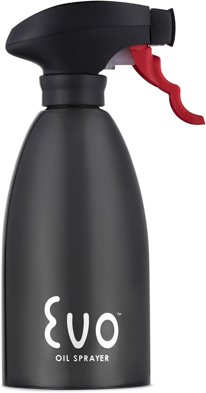 Evo Oil Sprayer 18/8 Stainless Steel, Non-Aerosol for Olive, Cooking Oils, and Vinegars, Black, 16-Ounce Capacity