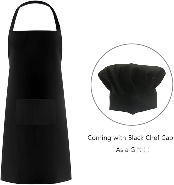 Black Chef Hat and Apron Set,Bib Apron in Big Size and Chef Hat, Bib Cooking Grilling BBQ Kitchen Chef Apron for Men Women Chef.(1set,Black)