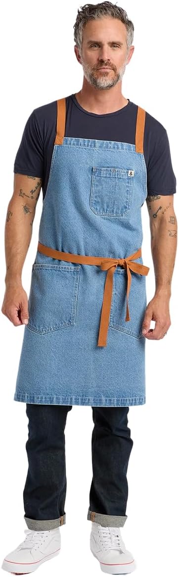 hedley & bennett Crossback Apron - Crossback Chef Apron with Pockets - 100% Cotton Denim, 8oz - Cedar Blue
