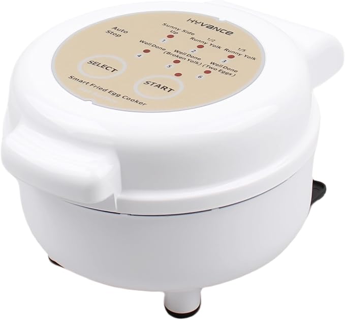 Hyvance Smart Fried Egg Cooker, Automatic Fried Egg Maker for 6 Features like Sunny Side Up, Over Easy, Fully Cooked & More. Auto Power Off, Alarm, Round Shape, Non Stick Coating PFAS FREE (White)