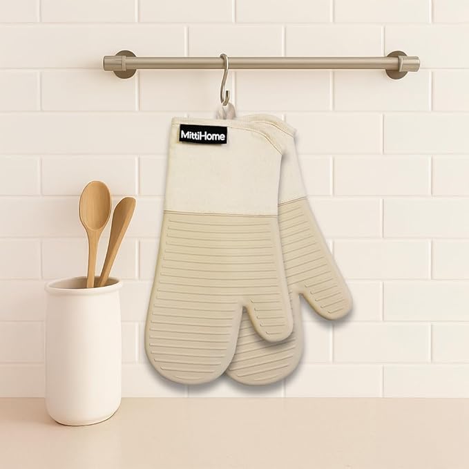 MittiHome™ Heat Resistant Oven Mitts (Set of 2) – 500°F Non-Slip Silicone Kitchen Gloves with Quilted Cotton Comfort (Milkshake Beige)