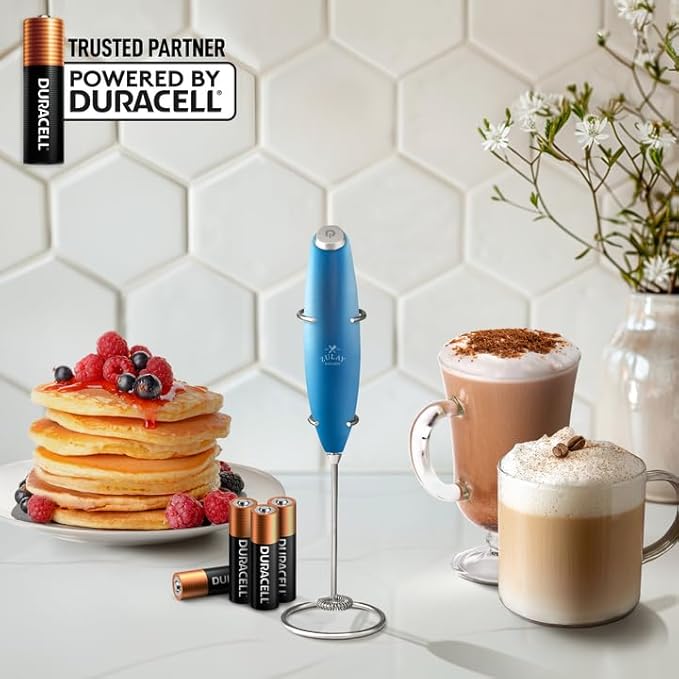 Zulay Kitchen Powerful Milk Frother Wand With 4 AA Duracell Batteries - Ultra Fast Handheld Drink Mixer - Electric Whisk Foam Maker for Coffee, Lattes, Cappuccino, Matcha & Creamer - Metal Blue