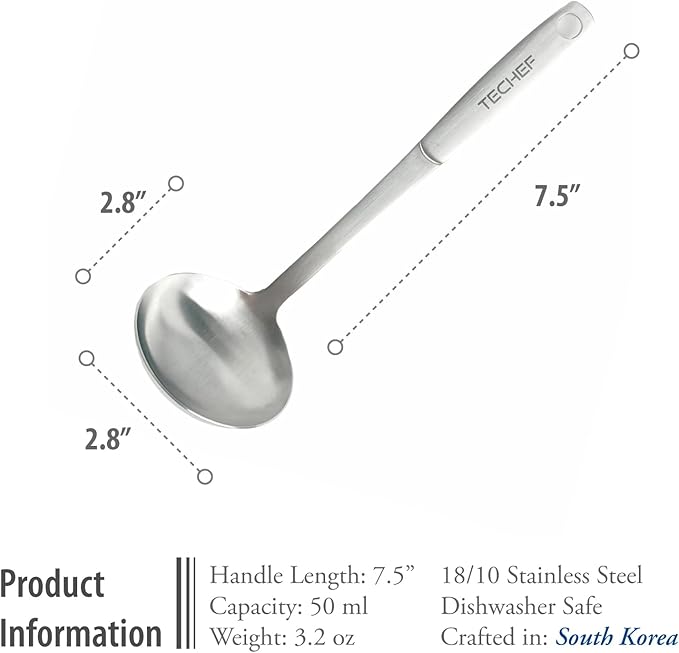 TECHEF - ChefCore 304 Stainless Steel Ladle with Ergonomic Handle, One-Piece Unibody Design, Rustproof & Heat Resistant, 9" Serving Utensil – Made in Korea