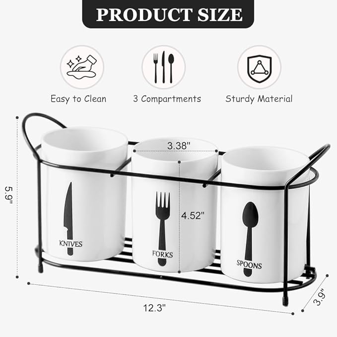 3-Piece White Ceramic Silverware Holder for Party Countertop, Utensil Holder with Black Metal Rack Flatware Caddy Cutlery Storage Organizer for Kitchen Table (White+Black B)