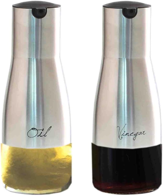 Oil and Vinegar Dispenser Set by Home Basics | Brushed Stainless Steel & Glass Containers with Anti-Drip Spout Lid | Easy Refill with Screw Tops | Labeling in Script "Oil" & "Vinegar"