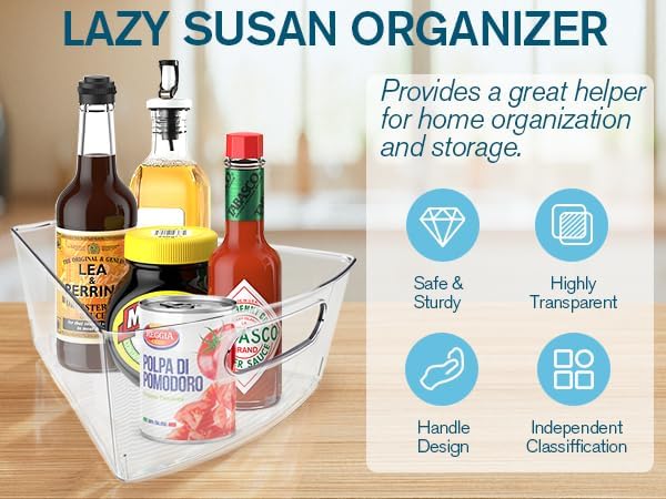 Lazy Susan Organizer for 26"- 28" Diameter Clear Corner Cabinet Storage Bins, Plastic Kitchen Corner Organizer with Handle 1/8 Wedge, Food Safe BPA Free (8 Pack)