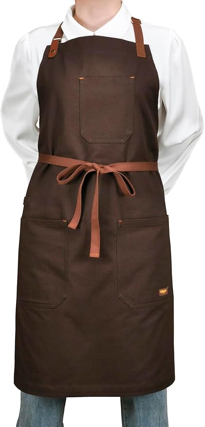 Chef Apron with Pockets, Professional Kitchen Cooking Grill BBQ Baking Apron for Men Women, Bib with Towel Loop and Adjustable Neck Strap (Brown)