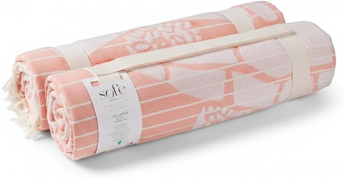 SOFE H&L | LINVIA Foutah Quick Dry Beach Towel Pack of 2 (35” x 70”) CARETTA - Coral | Lightweight, Premium, Fade Resistant, Durable | Travel Towel, Turkish Beach Towel with Shoulder Strap