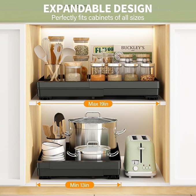 2 Pack Pull Out Cabinet Organizers Expandable (13''-19''), Plastic Slide Out Drawers for Kitchen, Bathroom, Pantry, Under Sink Storage, Pull Out Drawers Fixed with Adhesive Nano Film (Black)