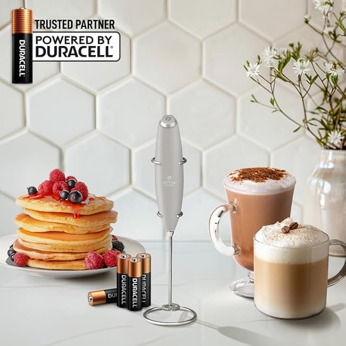 Zulay Kitchen Powerful Milk Frother Wand With 4 AA Duracell Batteries - Ultra Fast Handheld Drink Mixer - Electric Whisk Foam Maker for Coffee, Lattes, Cappuccino, Matcha & Creamer - Light Gray