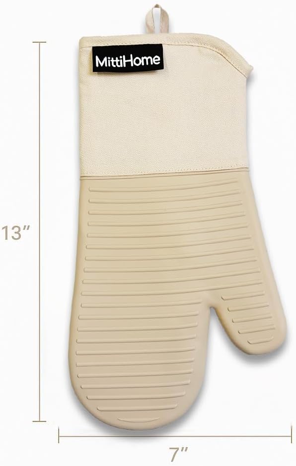 MittiHome™ Heat Resistant Oven Mitts (Set of 2) – 500°F Non-Slip Silicone Kitchen Gloves with Quilted Cotton Comfort (Milkshake Beige)