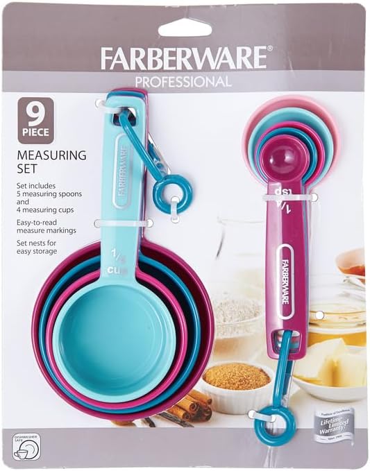 Farberware Kitchen Basics Measuring Cup & Spoon Set, 9-Piece Colorful Nesting Design with Easy-to-Read Markings - Stackable Cooking & Baking Tools with Ring Organizer, Dishwasher Safe Plastic