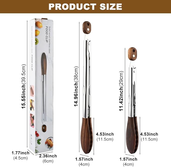 2 Pcs Wooden Tongs for Cooking & Serving Food, 12 & 15 Inch Stainless Steel Kitchen Salad Tongs with Walnut Wood Tip, Cooking Utensils Set for Salad BBQ and Serving Food