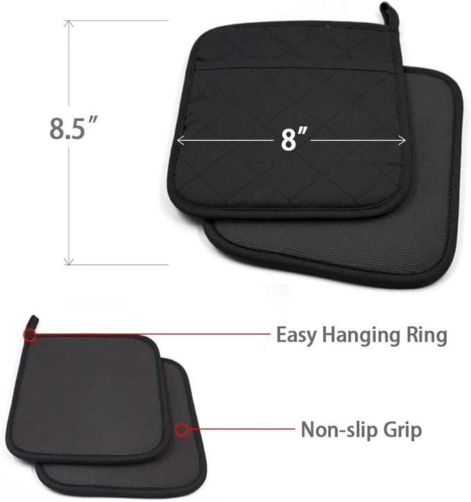2Pcs Cotton and Neoprene Oven Pads Pot Holders with Pocket 8"x8.5" Dual-Function Hot Pad Set for Finger Hand Wrist Protection Heat Resistant to 428°F,Black