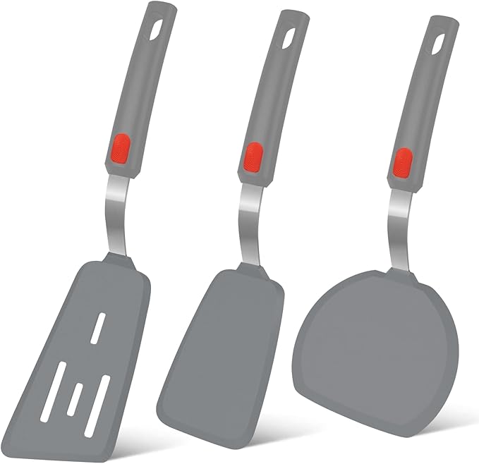 Silicone Spatula Turner Set of 3, Beijiyi 600°F Heat Resistant Cooking Spatulas for Nonstick Cookware, Large Flexible Kitchen Utensils BPA Free Rubber Spatula Set for Egg, Pancake, Fish (Gray)