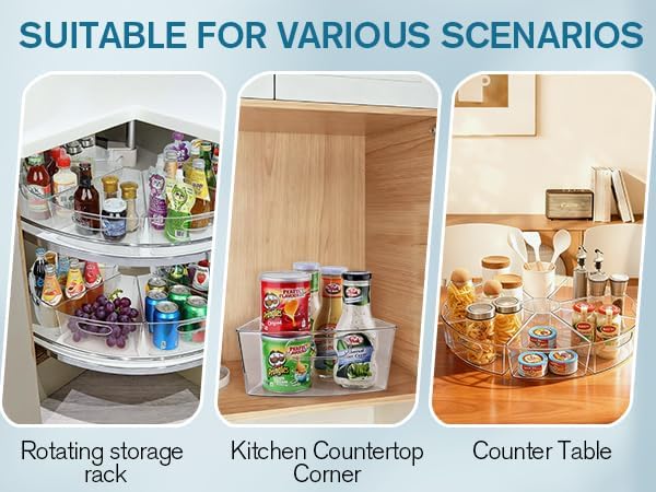 Lazy Susan Organizer for 26"- 28" Diameter Clear Corner Cabinet Storage Bins, Plastic Kitchen Corner Organizer with Handle 1/8 Wedge, Food Safe BPA Free (8 Pack)