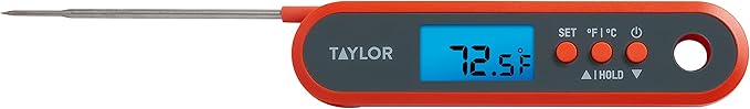 Taylor Digital Waterproof Meat Thermometer for GLP-1 High Protein Meal Prep – Folding Probe for Chicken, Salmon, Steak – Programmable Presets, Backlit Display for Oven, Grill, Orange