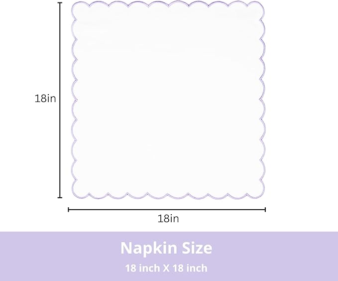 PurpleEssences Scalloped Embroidery Cloth Napkins - Spring Easter Summer - Table Decor - 100% Cotton - Set of 4-18x18 inch - White - Edges - Lavender