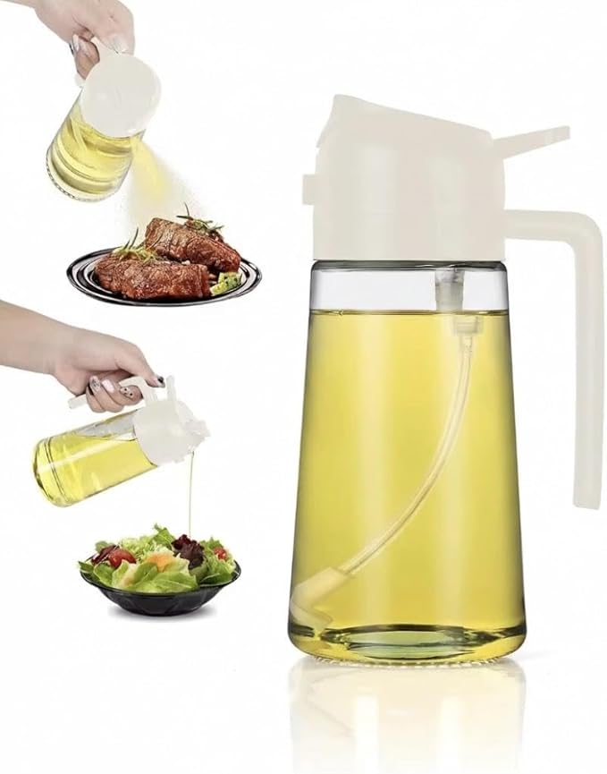 2-in-1 Oil Sprayer & Pour Bottle for Cooking – 470ml Glass Olive Oil Dispenser with Leak-Proof Stainless Steel Nozzle, Fine Mist Spray for Healthy Cooking, Air Fryer & Salad (white)