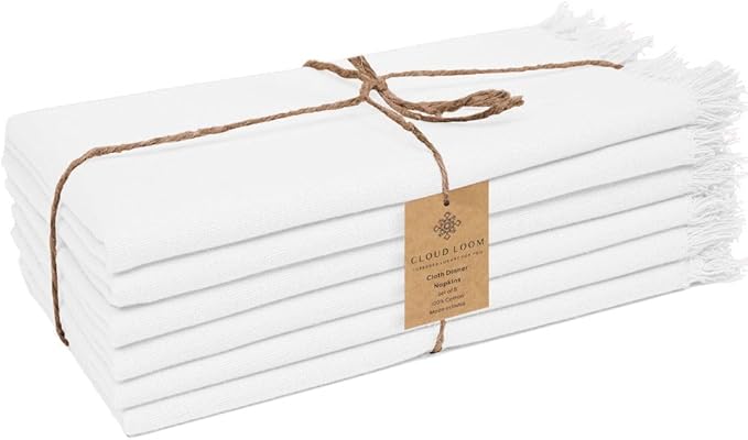 100% Cotton Cloth Dinner Napkins with Fringes Set of 6 - Large 20x20 Inches White - Soft Durable Reusable - Perfect for Dining Special Occasions Wedding Holidays Christmas