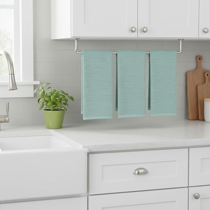Seafoam Light Sage Aqua Mineral Green Kitchen Hand Dish Towels: Oversized 28" x 18", 100% Cotton Cloth Soft Cleaning Drying Absorbent Ribbed Design, Set of 3 Multipurpose for Everyday Use