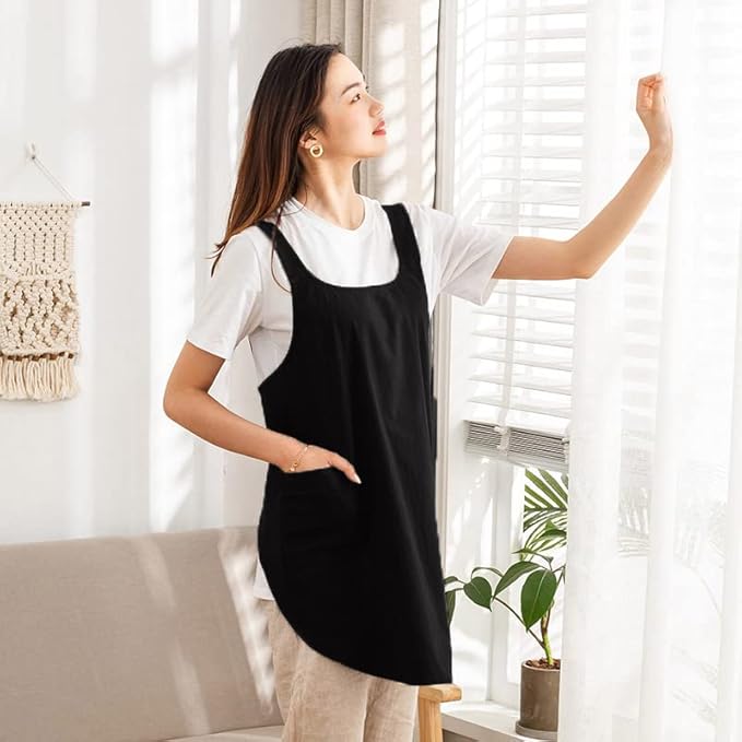 Cotton Cross Back Aprons Solid Color Cooking Kitchen Garden Smock for Women Girls with Pockets