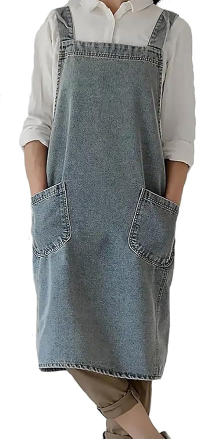 Denim Apron with Large Pockets for Cooking Kitchens, Gardening Aprons for Women Men, Bib Jean Apron for Arts Cafe Work (Style B, Light Blue)
