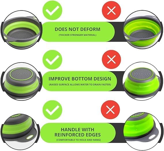 Green Round Silicone Collapsible Colander – Silicone Round Small Kitchen Strainers with Plastic Handles Foldable Kitchen Strainer Perfect for Draining Pasta Vegetable and Fruit