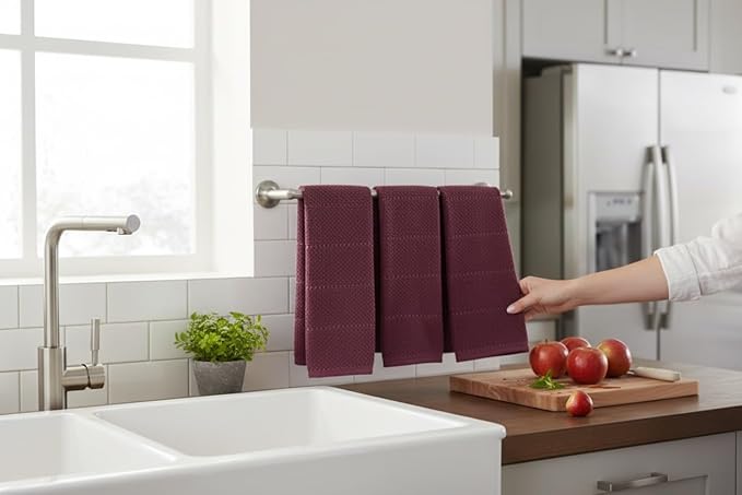 Serafina Home Purple Burgundy Wine Kitchen Hand Dish Towels: Oversized 28" x 18",100% Cotton Cloth Soft Cleaning Drying Absorbent Textured Design, Set of 3 Multipurpose for Everyday Use (Wine)