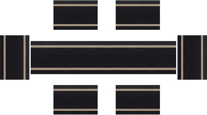 PIGCHCY Luxurious Placemats and Table Runner Set, Stylish Durable Placemats Set of 6 for Home Wedding Hotel Decoration (Black)