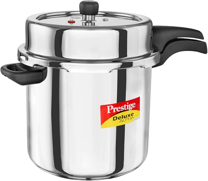 Prestige Deluxe Alpha Svachh Stainless Steel Pressure Cooker with Alpha Base and Deep Lid for Spillage Control, (10 Liter)