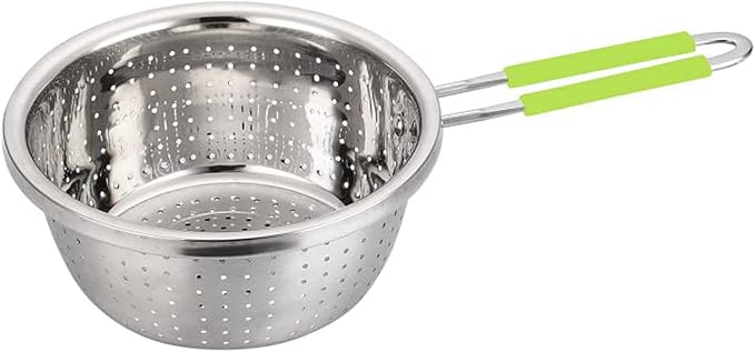 Stainless Steel Perforated Colander Strainer with Long Green Handle Sieve Sifters Use for Kitchen Food Pasta Noodles Spaghetti Vegetables Silver - 7.9inch