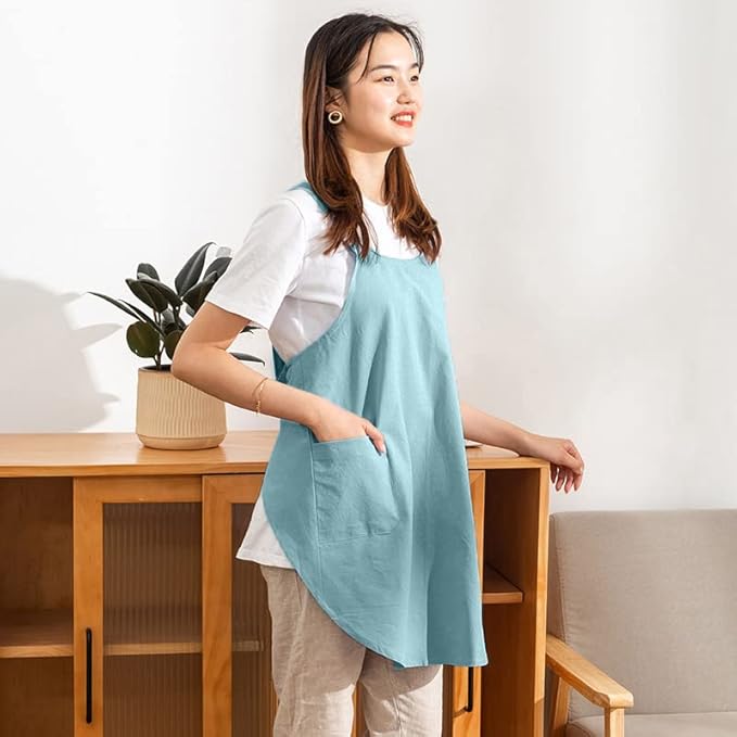 Cotton Cross Back Aprons Solid Color Cooking Kitchen Garden Smock for Women Girls with Pockets