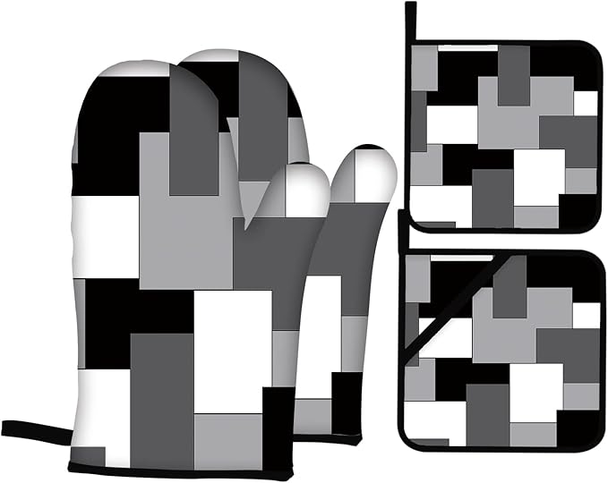White Black Grey Oven Mitts and Pot Holders Sets of 4 Geometric Oven Mitts Oven Gloves Pot Holders and Oven Mitts for Kitchen Baking Cooking Grilling (Grey)