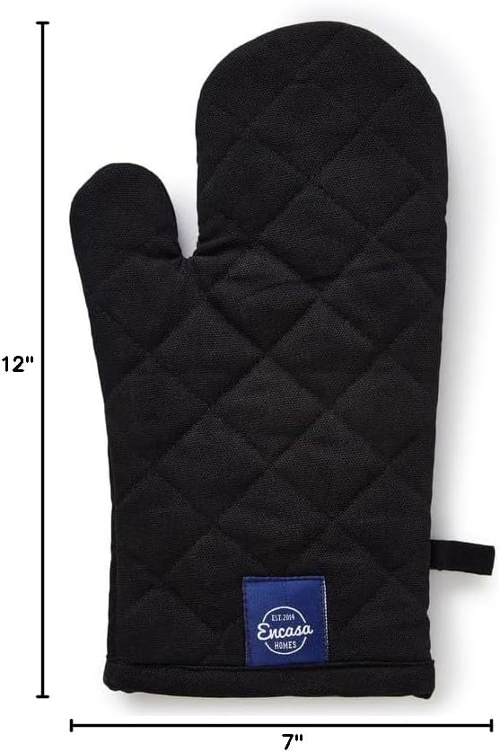 Encasa XO Heat Resistant Cotton Oven Gloves Mitts (2 Pc Set) - Quilted & Safe 12x6.6 in - for Kitchen, Cooking & Baking, Grilling, Handling Hot Pots & Pans - Full Black