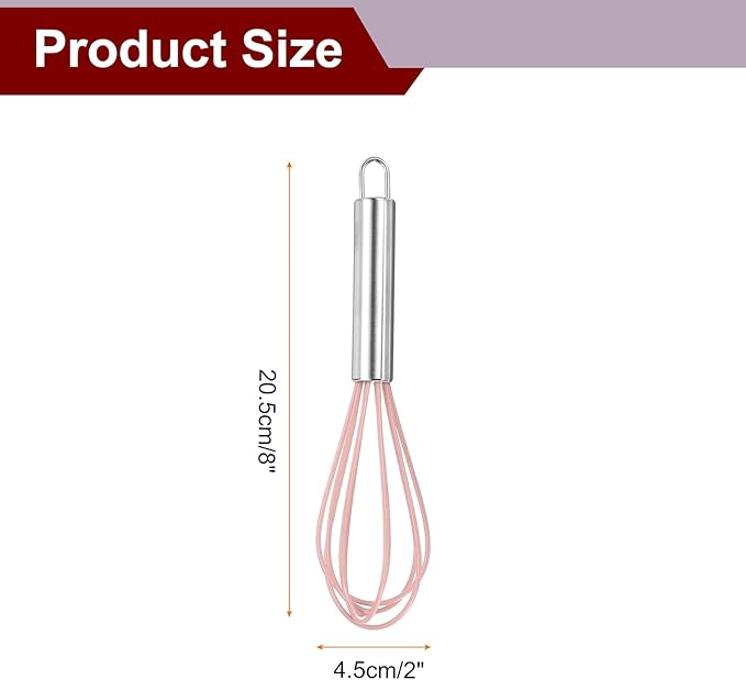 HARFINGTON 5Pcs Silicone Whisk 8" Kitchen Whisk Wire Whisks Beater with Stainless Steel Handle for Egg Milk Whisking Blending Beating & Stirring, Pink