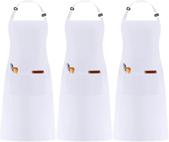3 Pack Black White Chef Apron, Adjustable Kitchen Apron with 3 Pocket for Men Women Waitress Waiter Serve (Polycotton)