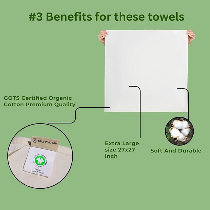 Organic Flour Sack Towels - 8 Pack, 27x27 inch, Natural, Unbleached, Lint-Free, White, Kitchen Towels