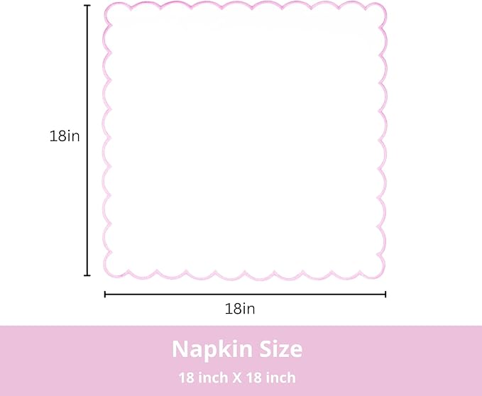 PurpleEssences Scalloped Embroidery Cloth Napkins - Spring Easter Summer - Table Decor - 100% Cotton - Set of 4-18x18 inch - White - Edges - Blush Pink