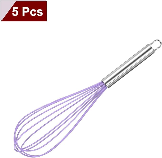 HARFINGTON 5Pcs Silicone Whisk 12" Kitchen Whisk Wire Whisks Beater with Stainless Steel Handle for Egg Milk Whisking Blending Beating & Stirring, Purple